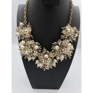 Chunky Gold Tone Statement Bib Necklace Faux Pearl Crystal Cluster Cha Cha